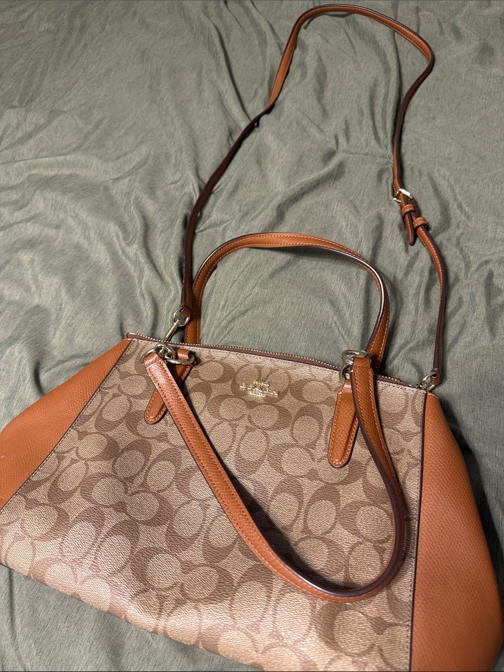 Coach Brown Signature Canvas Shoulder Satchel with Tan Leather Trim